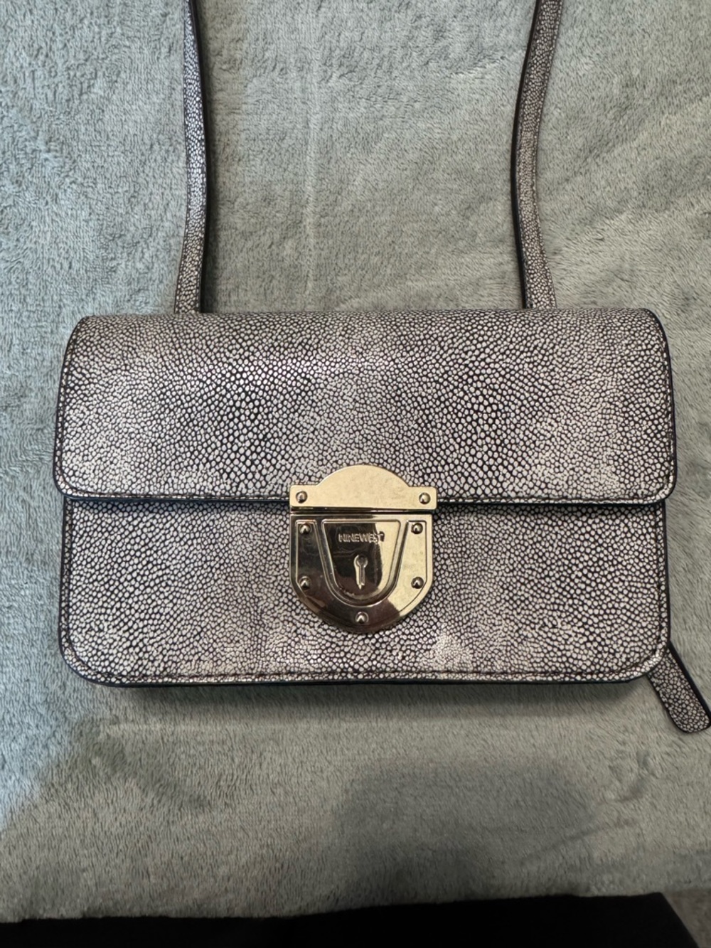 Nine West Metallic Silver Crossbody Shoulder Bag with Lock Closure